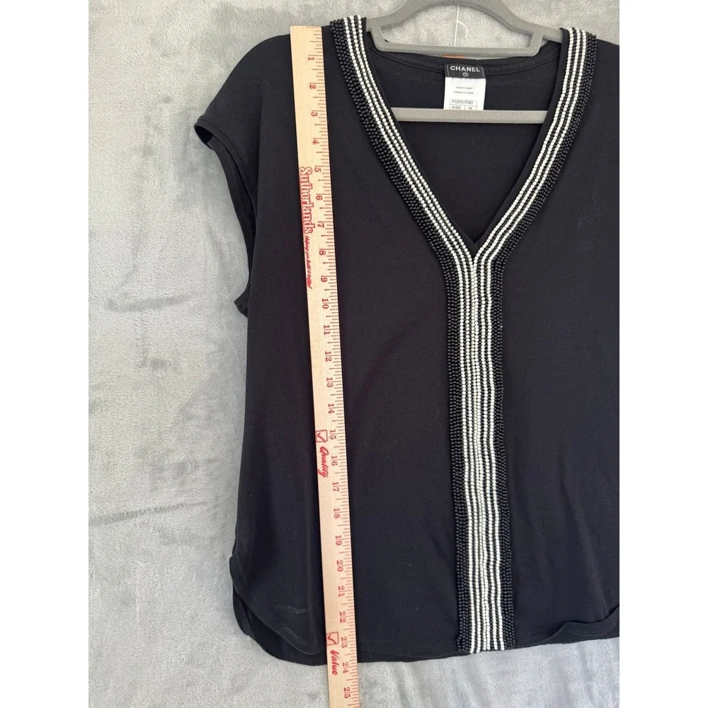 Chanel Black Beaded V-Neck Short Sleeve Top France P42975V31383 FR 44 US 12